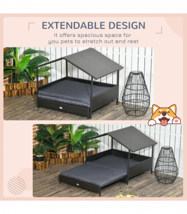 PawHut Extendable Rattan Dog House with Water-Resistant Roof, Cushion - Grey