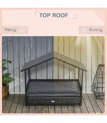 PawHut Extendable Rattan Dog House with Water-Resistant Roof, Cushion - Grey