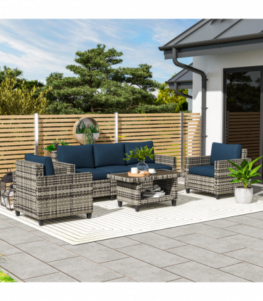 Outsunny 5 Seater Wicker Outdoor Furniture Set for Balcony, Navy Blue