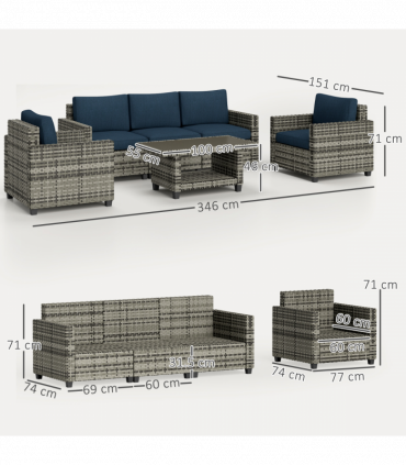 Outsunny 5 Seater Wicker Outdoor Furniture Set for Balcony, Navy Blue