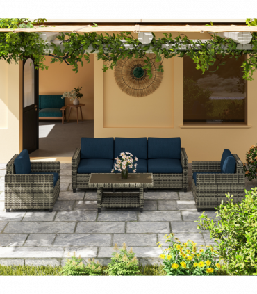 Outsunny 5 Seater Wicker Outdoor Furniture Set for Balcony, Navy Blue