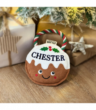 Pre-personalised Christmas Pudding Squeaky Dog Toy Gift - Chester