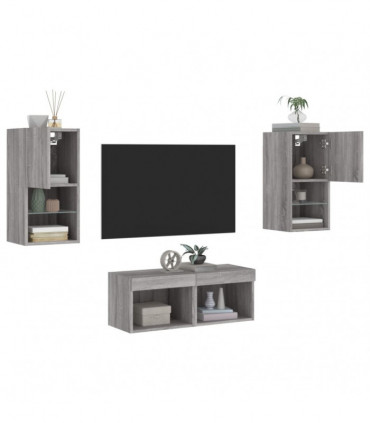 vidaXL 4 Piece TV Wall Cabinets with LED Lights Grey Sonoma