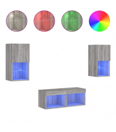 vidaXL 4 Piece TV Wall Cabinets with LED Lights Grey Sonoma