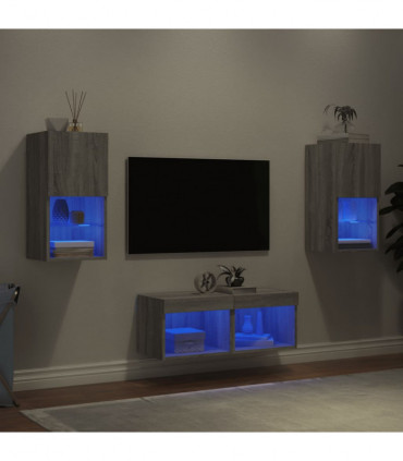 vidaXL 4 Piece TV Wall Cabinets with LED Lights Grey Sonoma