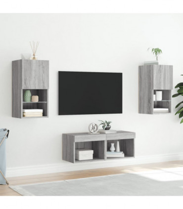vidaXL 4 Piece TV Wall Cabinets with LED Lights Grey Sonoma