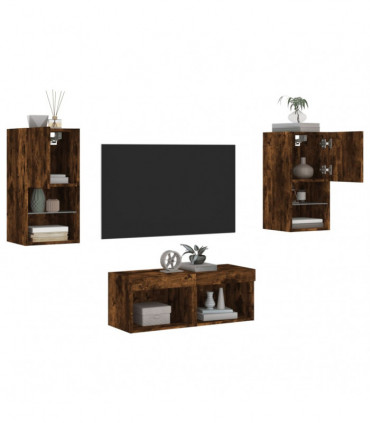 vidaXL 4 Piece TV Wall Cabinets with LED Lights Smoked Oak