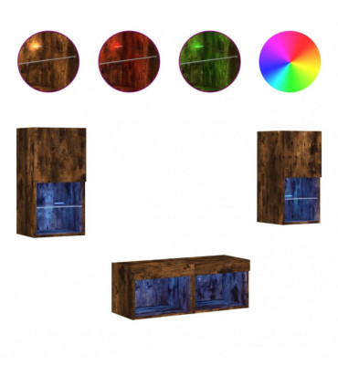 vidaXL 4 Piece TV Wall Cabinets with LED Lights Smoked Oak