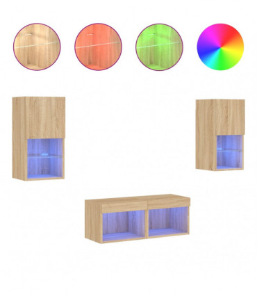 vidaXL 4 Piece TV Wall Cabinets with LED Lights Sonoma Oak