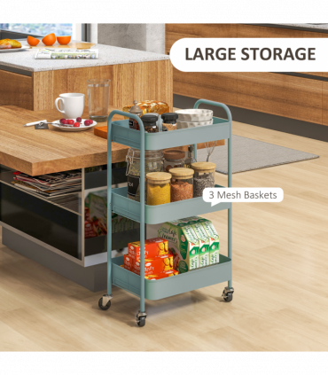 HOMCOM 3 Tier Rolling Utility Cart with 3 Mesh Basket, Light Blue