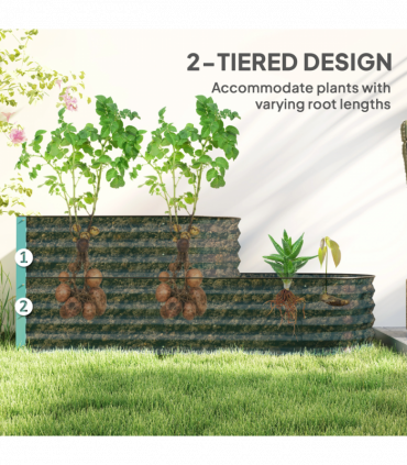Outsunny 2-Tier Galvanised Raised Garden Bed with Safety Edging, Dark Green