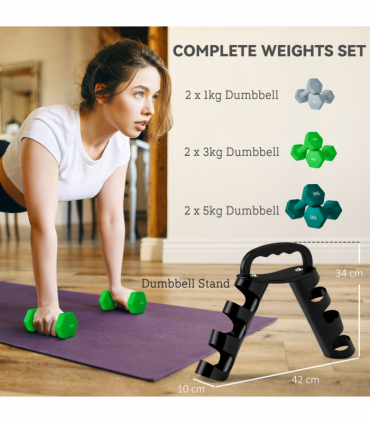 SPORTNOW Dumbbells Set with Carry Storage Rack, 2 x 1kg, 2 x 3kg, 2 x 5kg