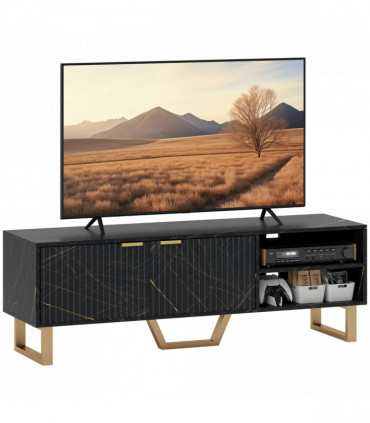Stylish Marble Pattern TV Stand - Ample Storage & Support - Black Cabinet