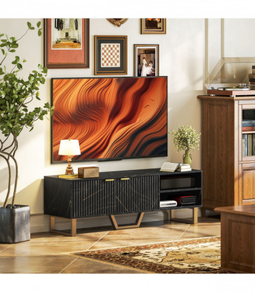 Stylish Marble Pattern TV Stand - Ample Storage & Support - Black Cabinet