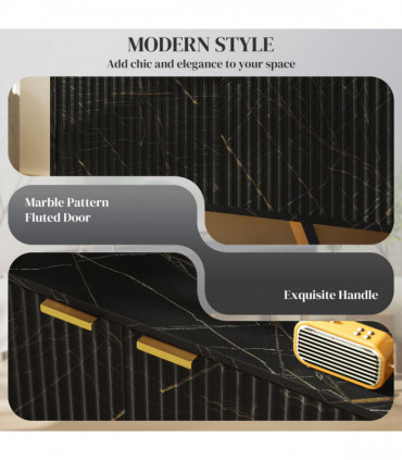 Stylish Marble Pattern TV Stand - Ample Storage & Support - Black Cabinet