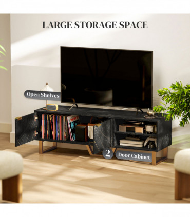 Stylish Marble Pattern TV Stand - Ample Storage & Support - Black Cabinet