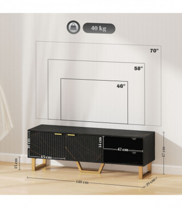 Stylish Marble Pattern TV Stand - Ample Storage & Support - Black Cabinet