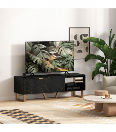 Stylish Marble Pattern TV Stand - Ample Storage & Support - Black Cabinet