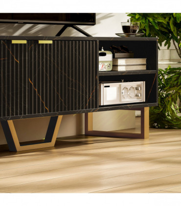 Stylish Marble Pattern TV Stand - Ample Storage & Support - Black Cabinet