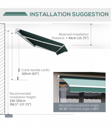 Retractable Awning 2.5m x 2m Green Aluminum Steel Polyester Manual Operation