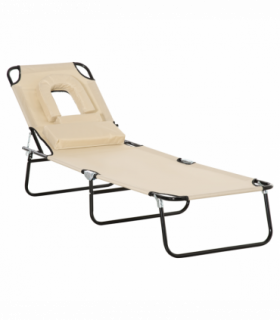 Sun Lounger Foldable Reclining Chair & Reading Hole Recliner Adjustable, Beige