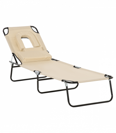 Sun Lounger Foldable Reclining Chair & Reading Hole Recliner Adjustable, Beige