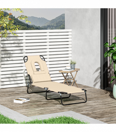 Sun Lounger Foldable Reclining Chair & Reading Hole Recliner Adjustable, Beige