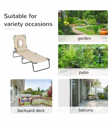 Sun Lounger Foldable Reclining Chair & Reading Hole Recliner Adjustable, Beige