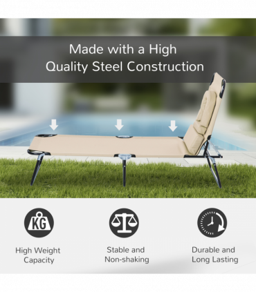 Sun Lounger Foldable Reclining Chair & Reading Hole Recliner Adjustable, Beige