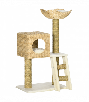 Cat Tree Kitten Tower Cattail Weave w/ Scratching Posts, Bed, House Pawhut