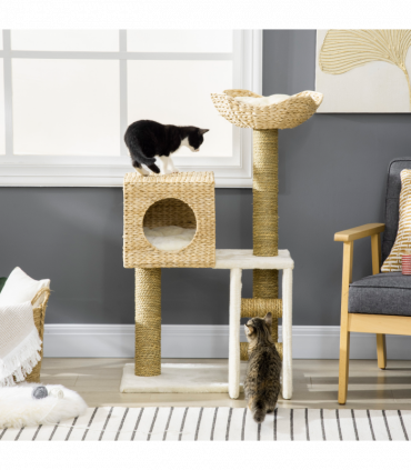 Cat Tree Kitten Tower Cattail Weave w/ Scratching Posts, Bed, House Pawhut