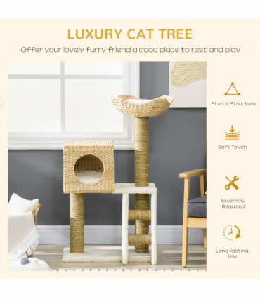 Cat Tree Kitten Tower Cattail Weave w/ Scratching Posts, Bed, House Pawhut