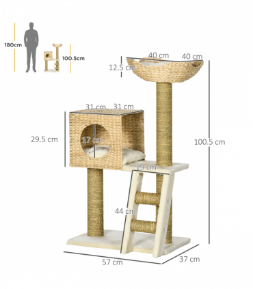 Cat Tree Kitten Tower Cattail Weave w/ Scratching Posts, Bed, House Pawhut
