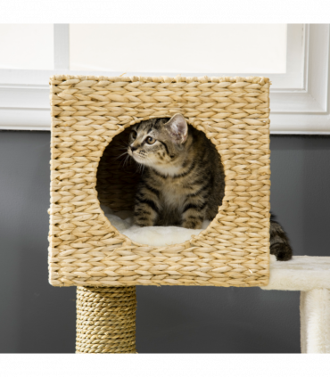 Cat Tree Kitten Tower Cattail Weave w/ Scratching Posts, Bed, House Pawhut