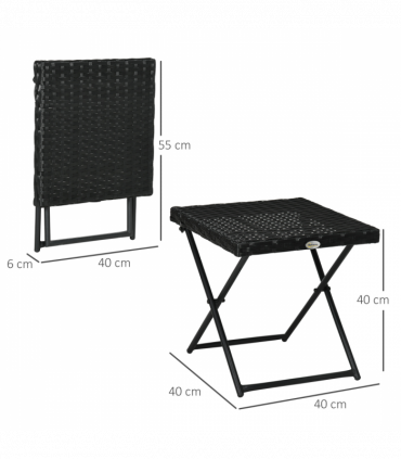 Folding Square Rattan Coffee Table for Bistro Balcony Garden Outdoor Black