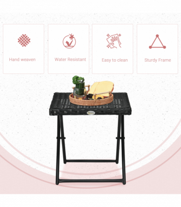 Folding Square Rattan Coffee Table for Bistro Balcony Garden Outdoor Black