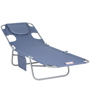 Outsunny Beach Chaise Lounge Portable Adjustable Backrest with Face Cavity Grey