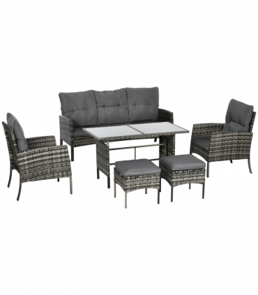 Outsunny Rattan Garden Furniture Sofa Set, 2 Armchairs 2 Footstools Table Grey