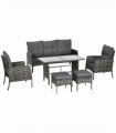 Outsunny Rattan Garden Furniture Sofa Set, 2 Armchairs 2 Footstools Table Grey