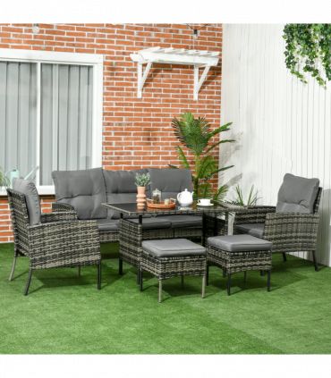 Outsunny Rattan Garden Furniture Sofa Set, 2 Armchairs 2 Footstools Table Grey