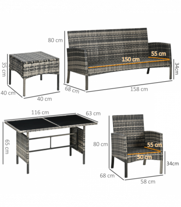 Outsunny Rattan Garden Furniture Sofa Set, 2 Armchairs 2 Footstools Table Grey