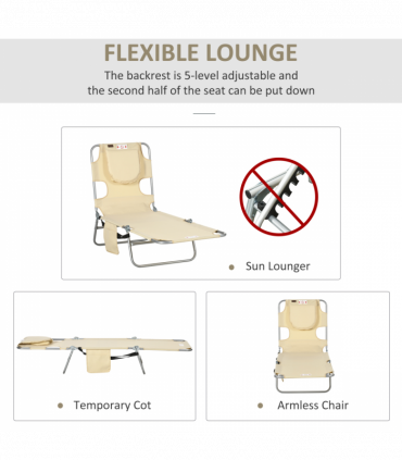 Patio Foldable Sun Lounger 5 Level Adjustable Reclining Chair Beige