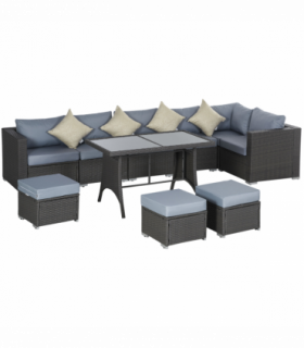 10 Pcs Rattan Sofa Set-Grey/Dusty Blue Cushion