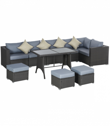 10 Pcs Rattan Sofa Set-Grey/Dusty Blue Cushion