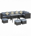 10 Pcs Rattan Sofa Set-Grey/Dusty Blue Cushion