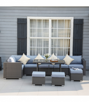 10 Pcs Rattan Sofa Set-Grey/Dusty Blue Cushion