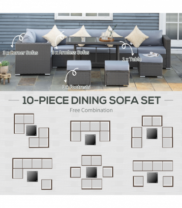 10 Pcs Rattan Sofa Set-Grey/Dusty Blue Cushion