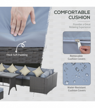 10 Pcs Rattan Sofa Set-Grey/Dusty Blue Cushion