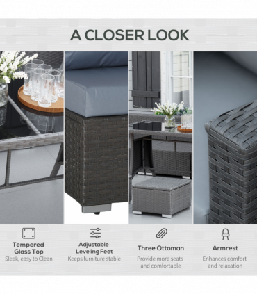 10 Pcs Rattan Sofa Set-Grey/Dusty Blue Cushion