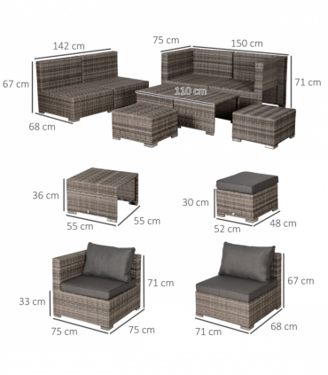  6-Seater Sofa & Coffee Table Rattan Outdoor Garden Furniture Set Grey